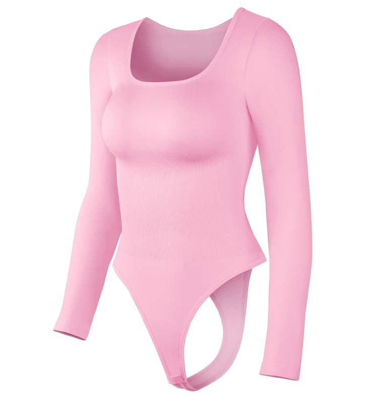 Seamless Threaded Square-neck Waist-cinching Button-front Shapewear Bodysuit