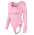 Seamless Threaded Square-neck Waist-cinching Button-front Shapewear Bodysuit