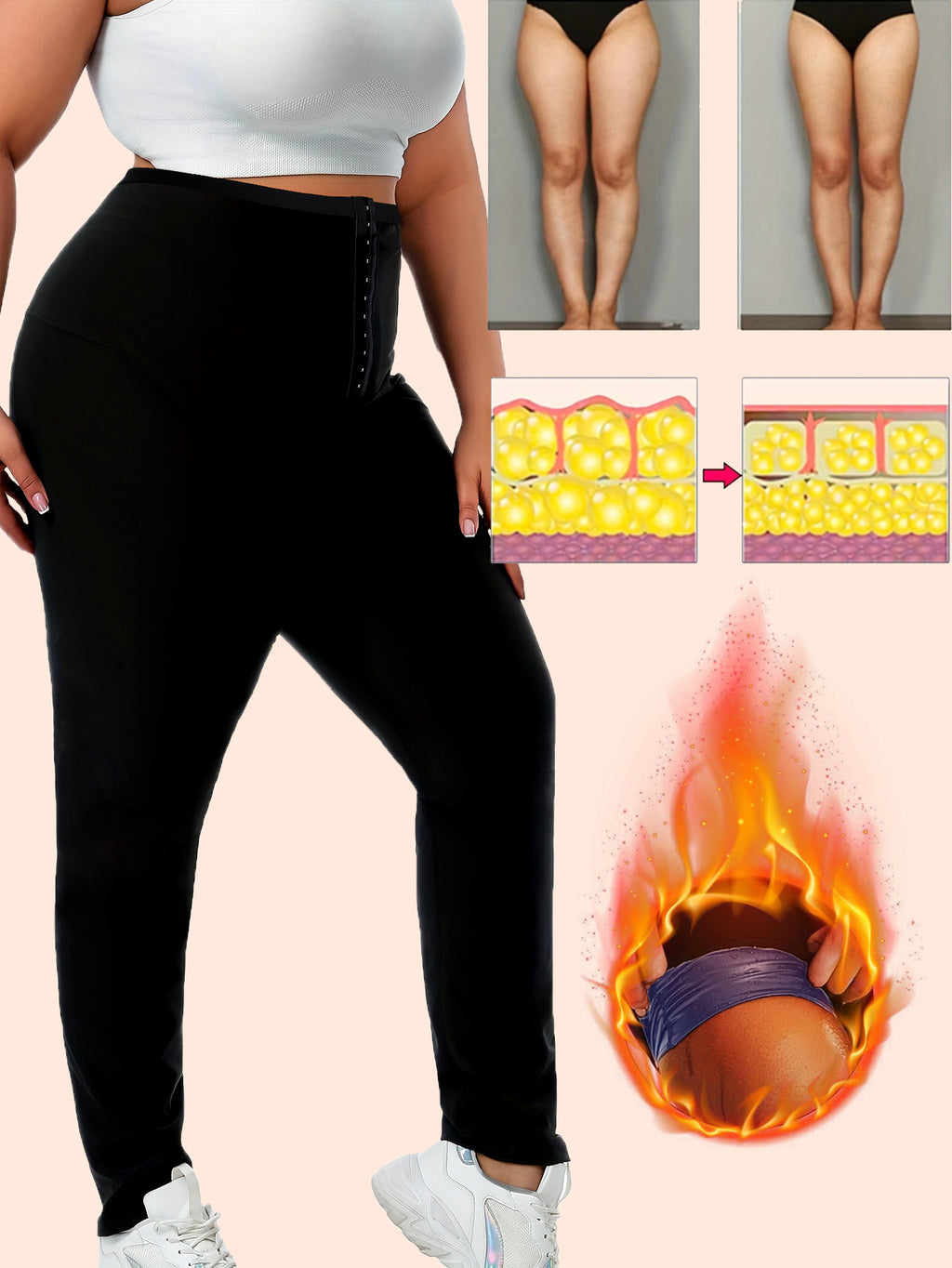 Plus Size Sauna Sweat Leggings For Women, High Waist Silver Coated Workout Pants With Hook & Eye Tummy Control Waist Trainer, Body Shaper Gym Compression Leggings