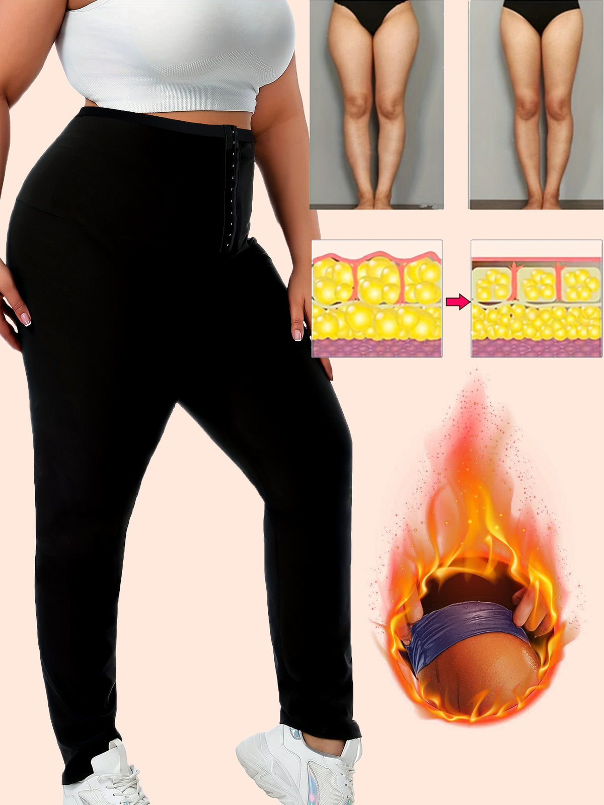 Plus Size Sauna Sweat Leggings For Women, High Waist Silver Coated Workout Pants With Hook & Eye Tummy Control Waist Trainer, Body Shaper Gym Compression Leggings
