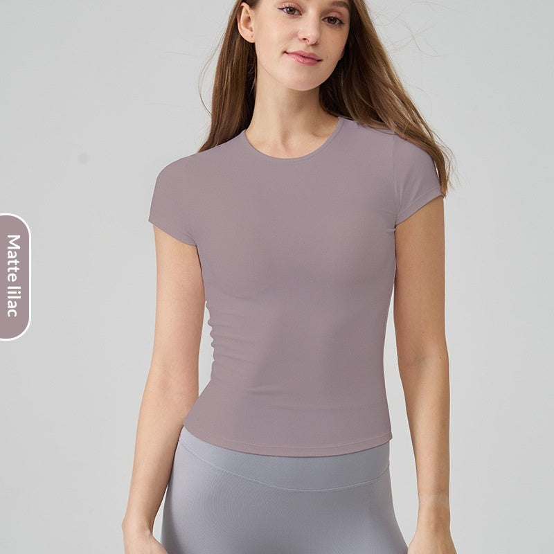 Snu Summer Naked-Feel Yoga Short-Sleeve Running Sports T-Shirt, Waist-Cinching, Slimming, Breathable, Quick-Dry, High-Elastic Fitness Top For Women