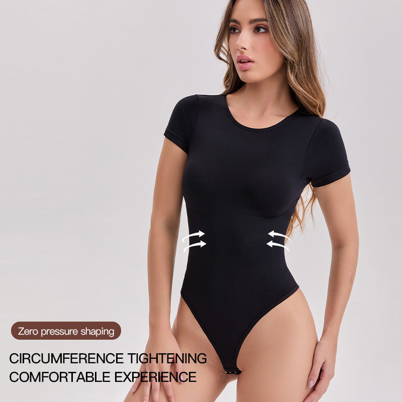 Ss-border Seamless Short-sleeve Bodysuit Shapewear With Waist Cinching, Abdominal Shaping, And Thong Tight-fitting Body Suit