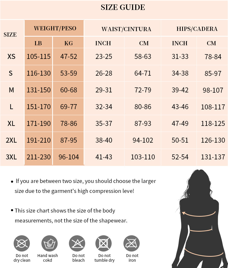 Size chart for shapewear with weight, waist, and hip measurements in both inches and centimeters.