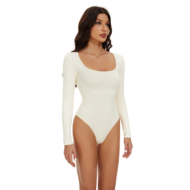 Seamless Threaded Square-neck Waist-cinching Button-front Shapewear Bodysuit