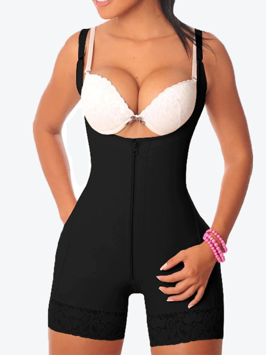 Black shapewear garment worn by a model on a white background