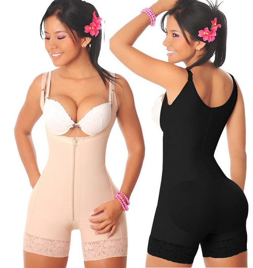Two women wearing shapewear, one beige and one black, on a white background.