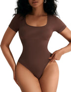 Seamless Square Neck Shapewear Bodysuit for Women – Waist Snatching Compression Top, Short Sleeve Sculpting Fit, T-Back Design