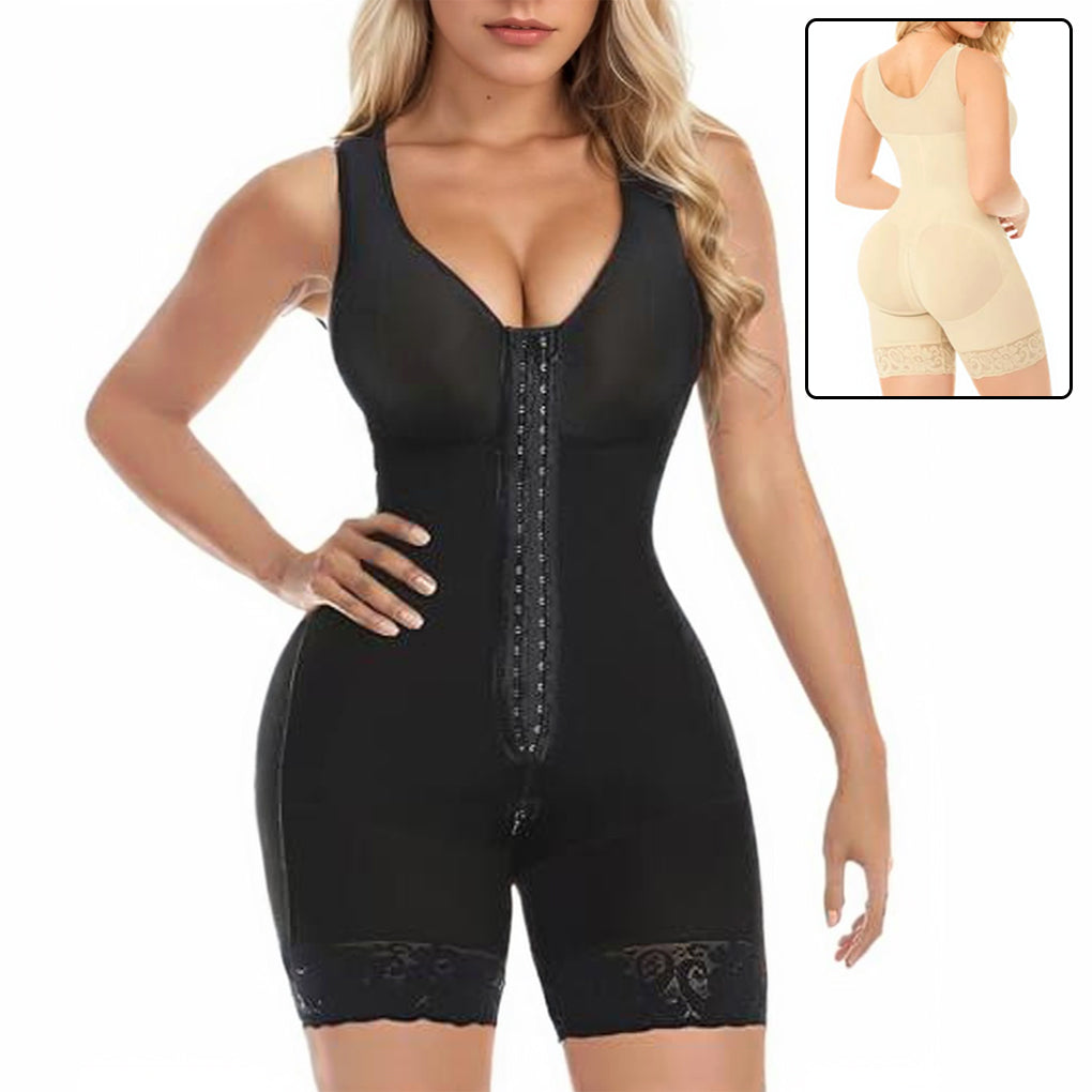 Black shapewear bodysuit worn by a model on a white background