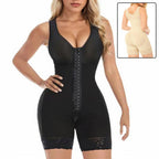 Black shapewear bodysuit worn by a model on a white background