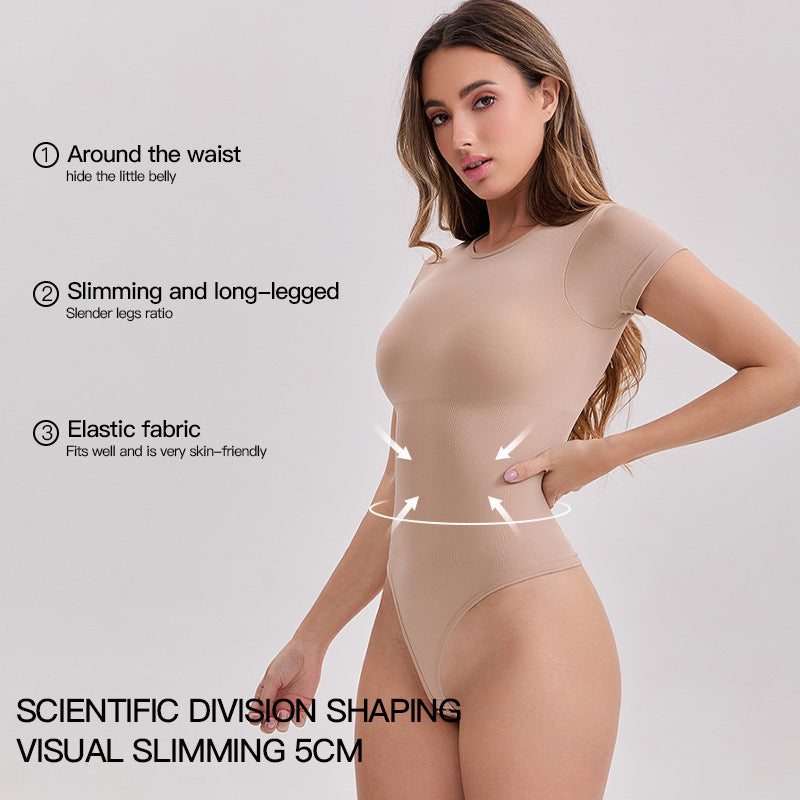 Ss-border Seamless Short-sleeve Bodysuit Shapewear With Waist Cinching, Abdominal Shaping, And Thong Tight-fitting Body Suit