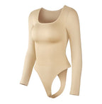 Seamless Threaded Square-neck Waist-cinching Button-front Shapewear Bodysuit