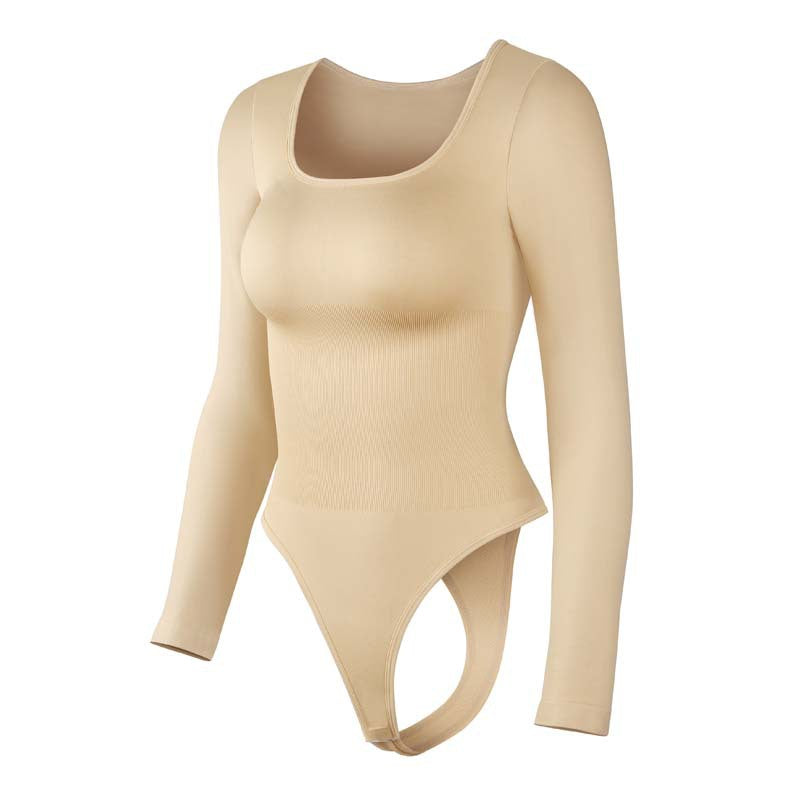 Seamless Threaded Square-neck Waist-cinching Button-front Shapewear Bodysuit