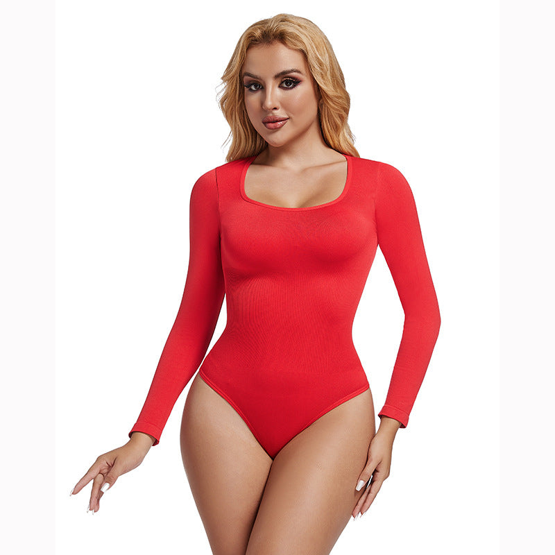 Seamless Threaded Square-neck Waist-cinching Button-front Shapewear Bodysuit