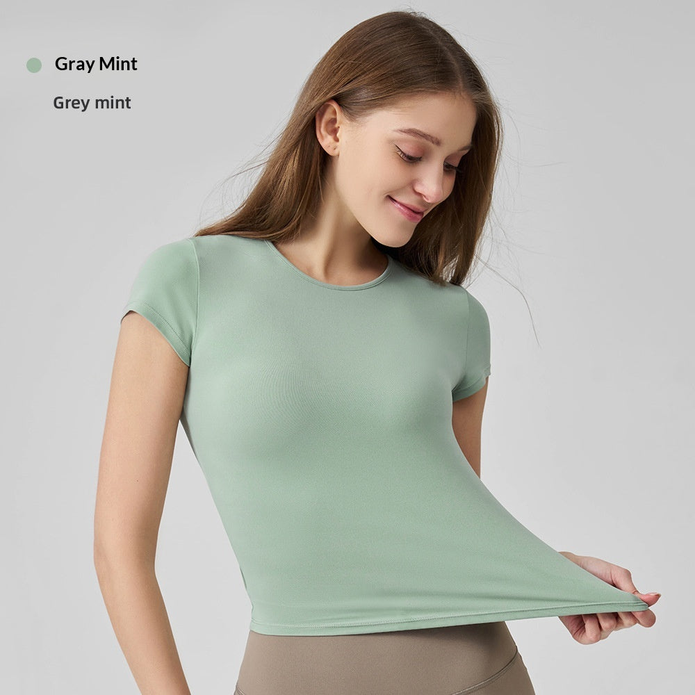Snu Summer Naked-Feel Yoga Short-Sleeve Running Sports T-Shirt, Waist-Cinching, Slimming, Breathable, Quick-Dry, High-Elastic Fitness Top For Women