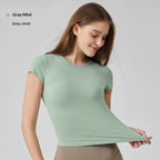Snu Summer Naked-Feel Yoga Short-Sleeve Running Sports T-Shirt, Waist-Cinching, Slimming, Breathable, Quick-Dry, High-Elastic Fitness Top For Women