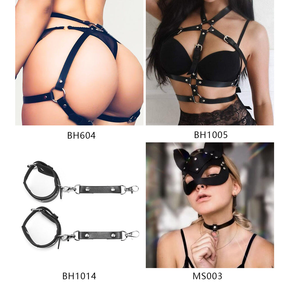 Cross-border Hot Sale Nightclub Charm Queen Fashion All-match Leather Shapewear Mask Decoration Belt Cummerbund Handcuffs Set