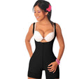 Woman wearing a black shapewear garment on a white background