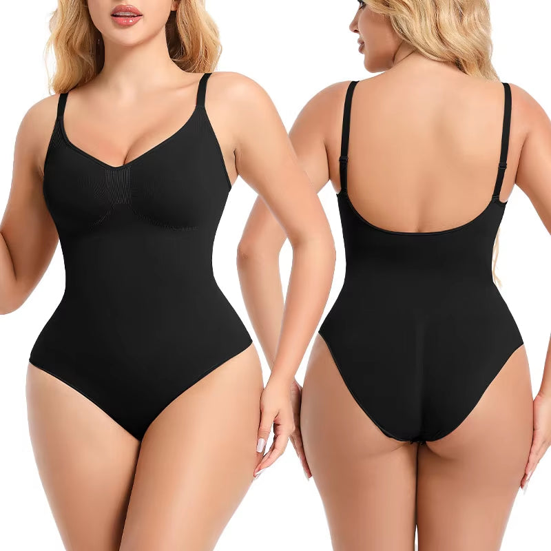 Black bodysuit worn by a model on a white background