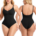 Black bodysuit worn by a model on a white background