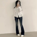 Side-seam Buttoned Waist-cinching Slimming Long-sleeve Blouse For Women