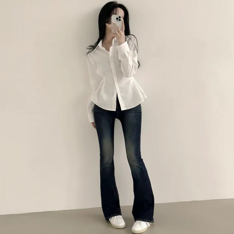 Side-seam Buttoned Waist-cinching Slimming Long-sleeve Blouse For Women