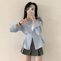 Side-seam Buttoned Waist-cinching Slimming Long-sleeve Blouse For Women