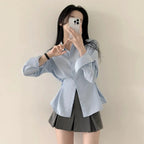 Side-seam Buttoned Waist-cinching Slimming Long-sleeve Blouse For Women