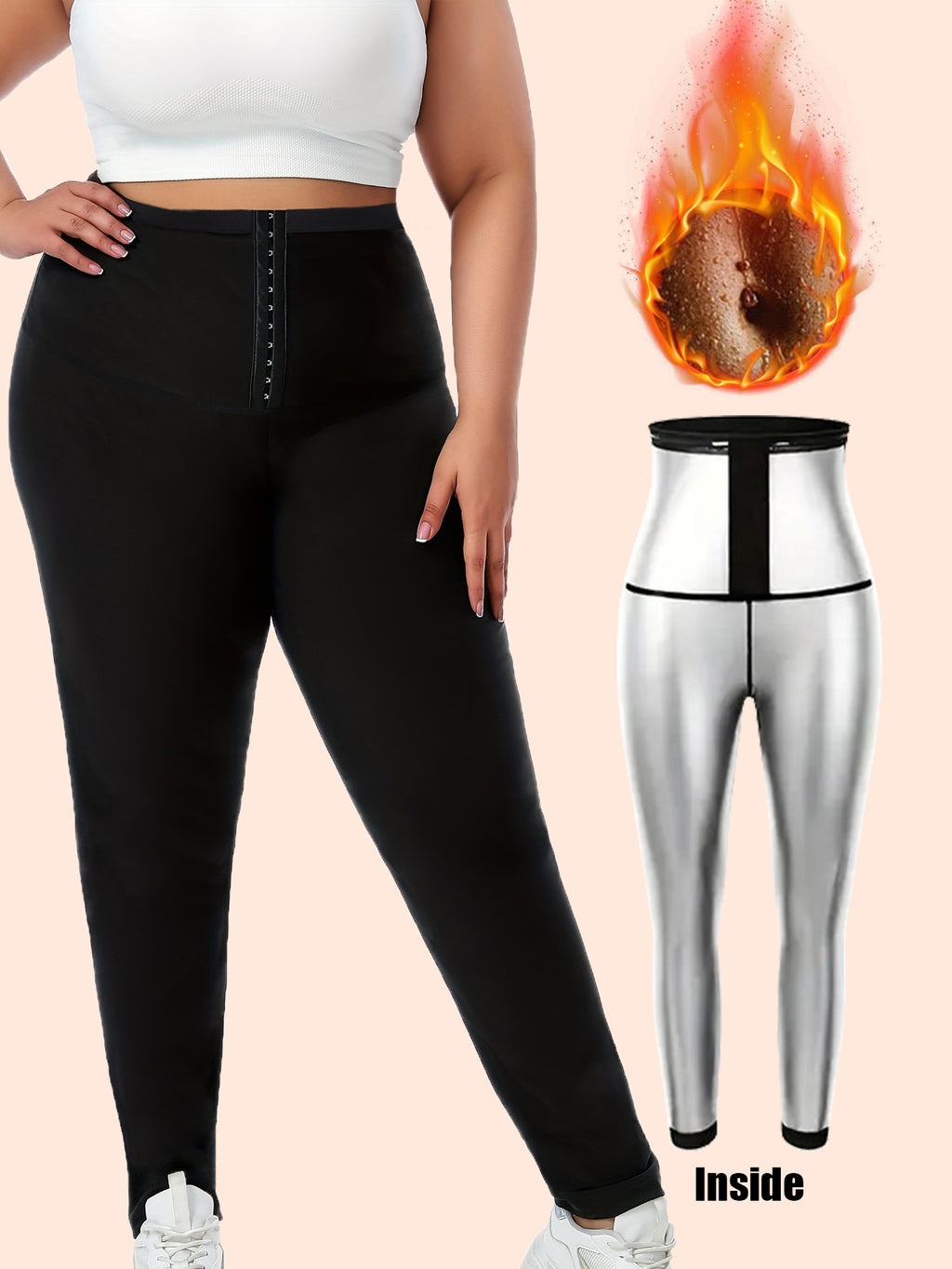 Plus Size Sauna Sweat Leggings For Women, High Waist Silver Coated Workout Pants With Hook & Eye Tummy Control Waist Trainer, Body Shaper Gym Compression Leggings