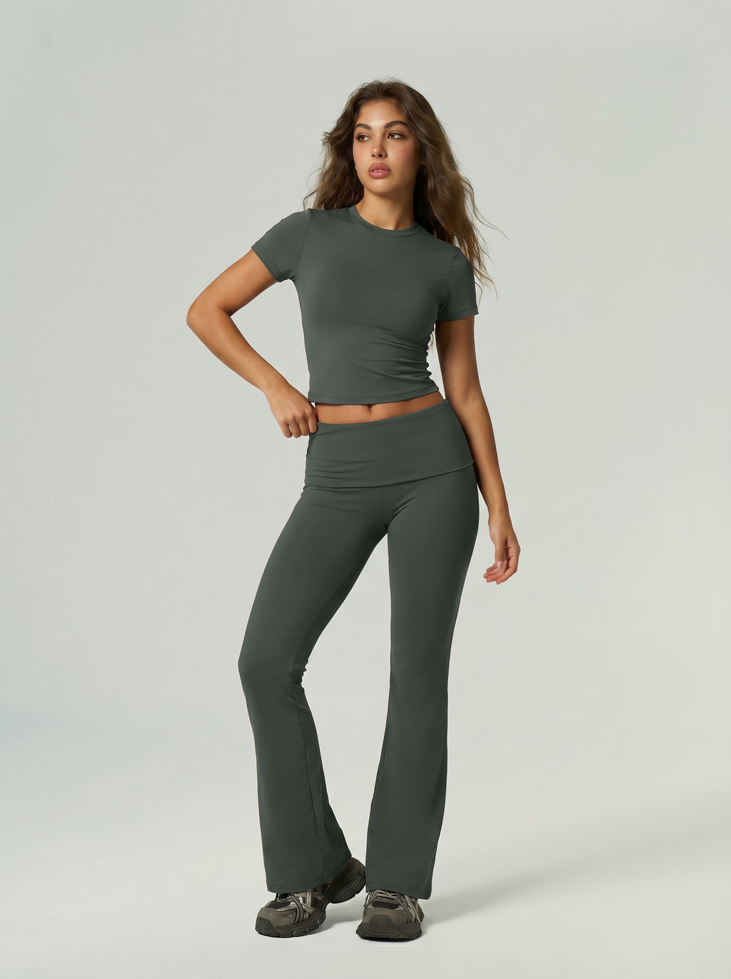 Cross-Border European And American Quick-Dry Sports Fitness Clothing Short-Sleeve Long Pants Flared Pants Tummy Control Butt-Lifting Naked-Feel Yoga Outfit Set