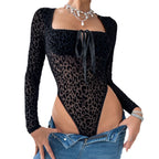 Leopard-print Strappy Square-neck Bodysuit For Women Figure-flattering And Slimming