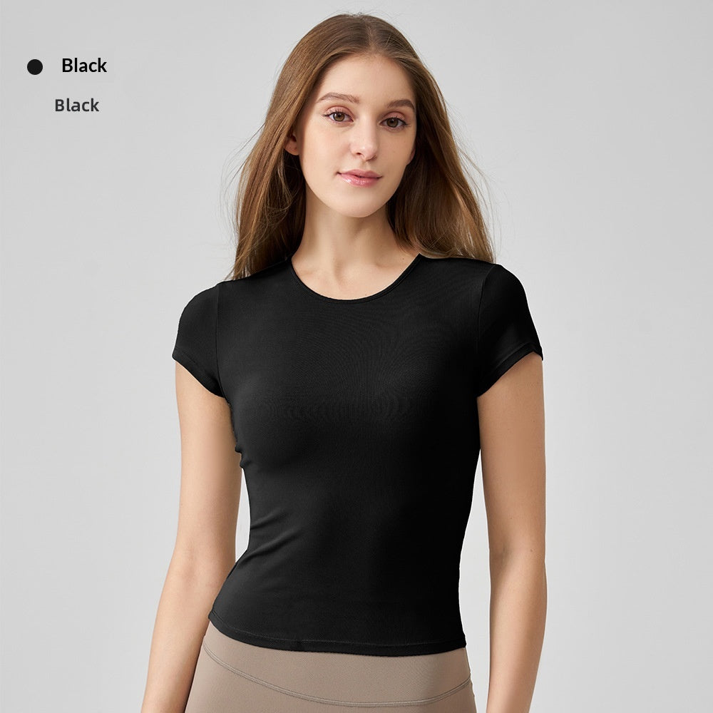 Snu Summer Naked-Feel Yoga Short-Sleeve Running Sports T-Shirt, Waist-Cinching, Slimming, Breathable, Quick-Dry, High-Elastic Fitness Top For Women