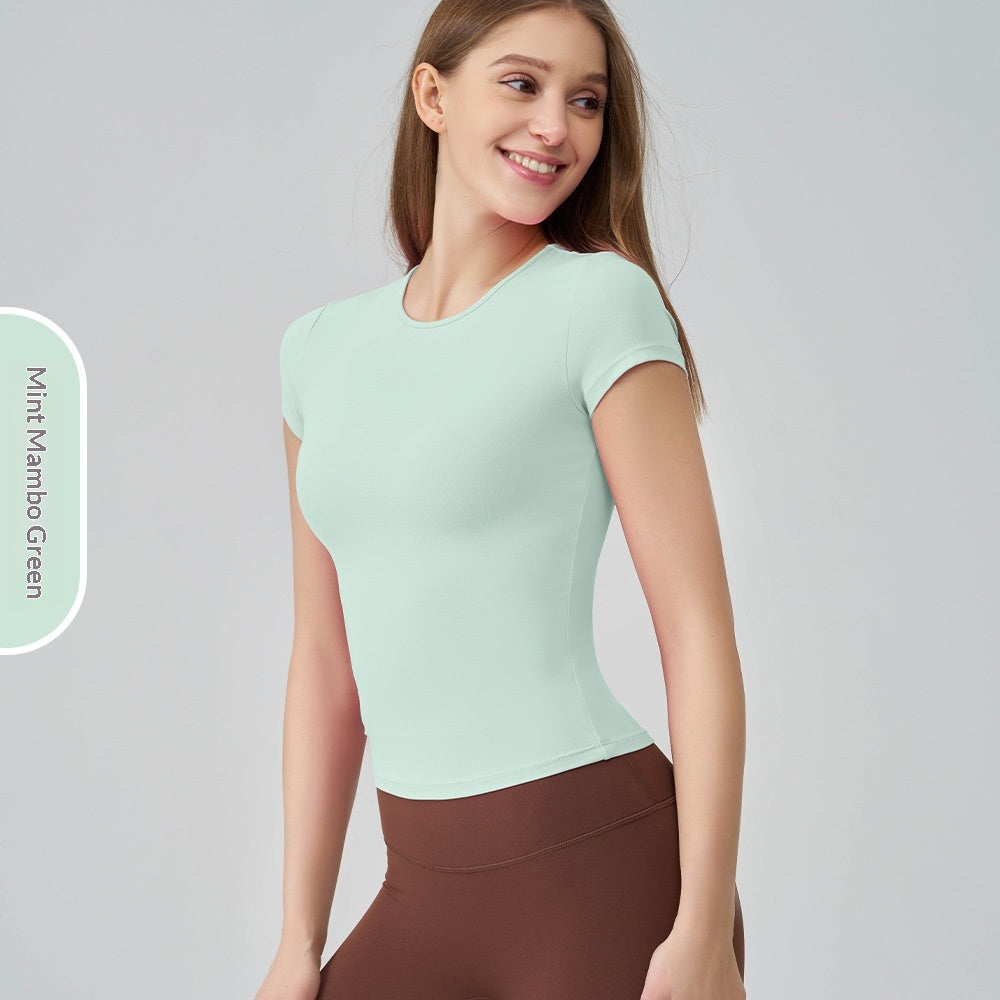 Snu Summer Naked-Feel Yoga Short-Sleeve Running Sports T-Shirt, Waist-Cinching, Slimming, Breathable, Quick-Dry, High-Elastic Fitness Top For Women