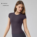 Snu Summer Naked-Feel Yoga Short-Sleeve Running Sports T-Shirt, Waist-Cinching, Slimming, Breathable, Quick-Dry, High-Elastic Fitness Top For Women