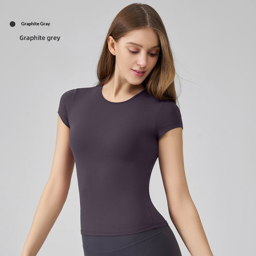 Snu Summer Naked-Feel Yoga Short-Sleeve Running Sports T-Shirt, Waist-Cinching, Slimming, Breathable, Quick-Dry, High-Elastic Fitness Top For Women