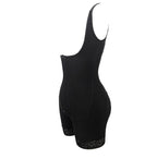 Black bodysuit with lace trim on a white background