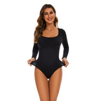 Seamless Threaded Square-neck Waist-cinching Button-front Shapewear Bodysuit