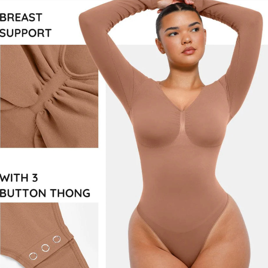 Seamless Long Sleeve Chest Support Tummy Control Thong Bodysuit