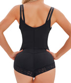 Black shapewear garment worn by a model on a white background