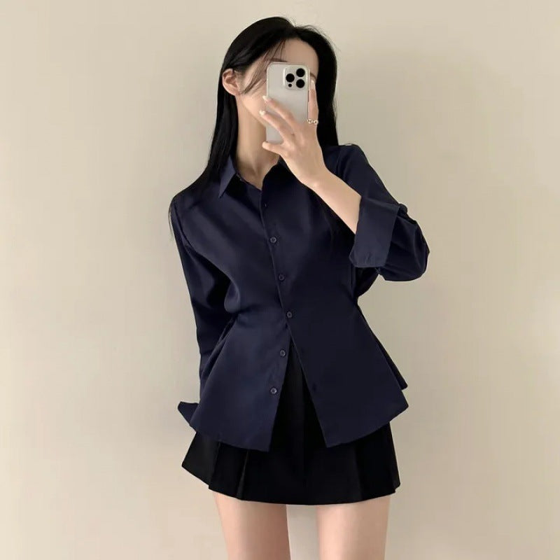 Side-seam Buttoned Waist-cinching Slimming Long-sleeve Blouse For Women