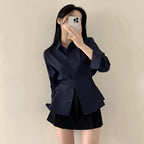 Side-seam Buttoned Waist-cinching Slimming Long-sleeve Blouse For Women