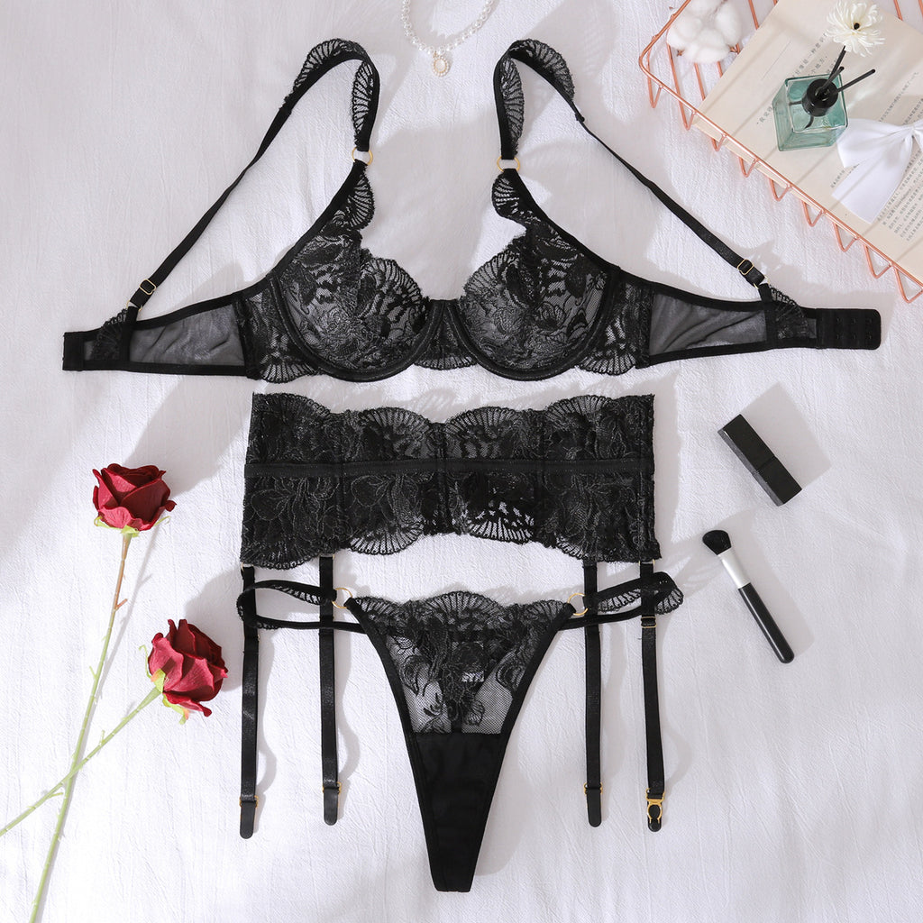 See-through Embroidery Lace Steel Ring Gathered Shapewear Split Suit