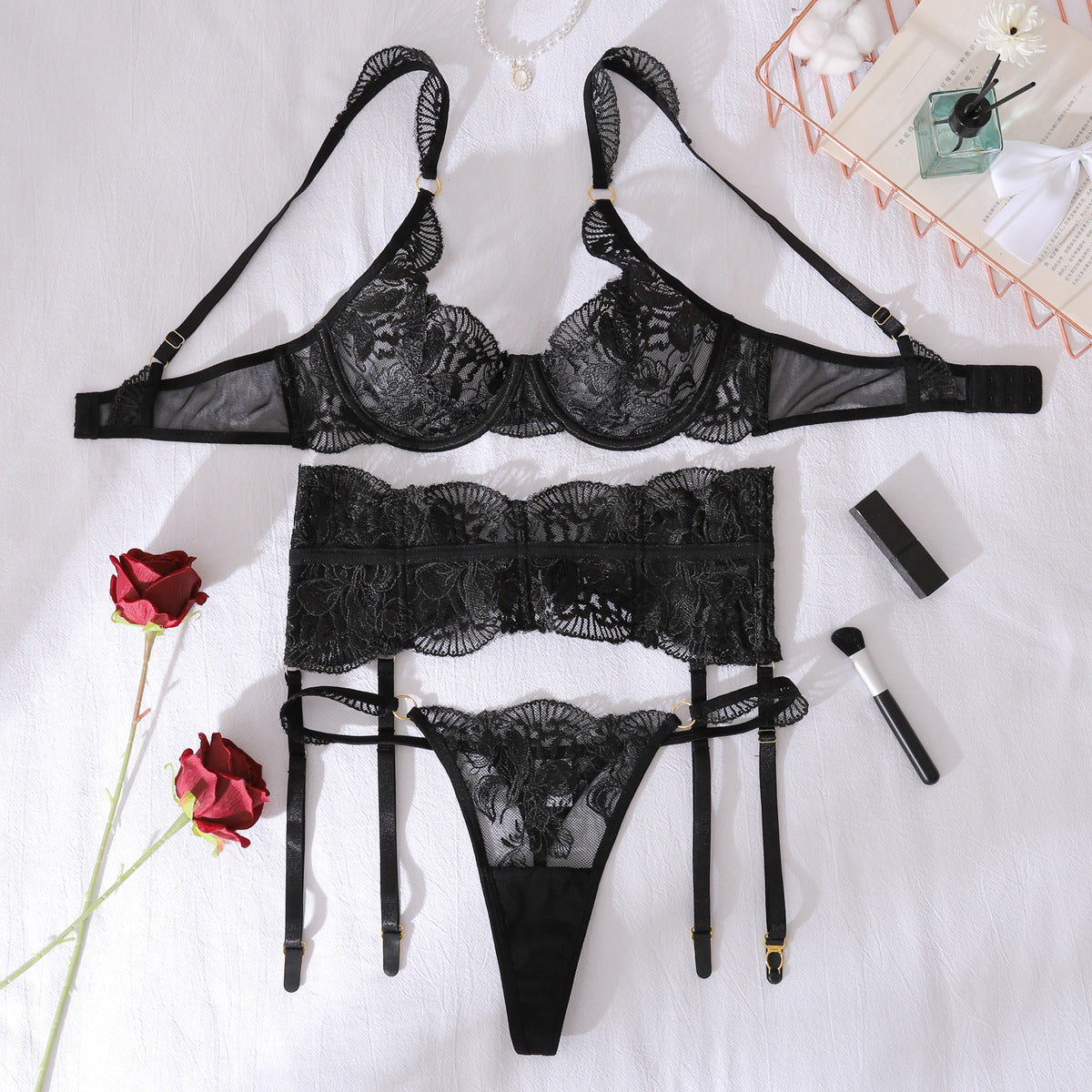 See-through Embroidery Lace Steel Ring Gathered Shapewear Split Suit