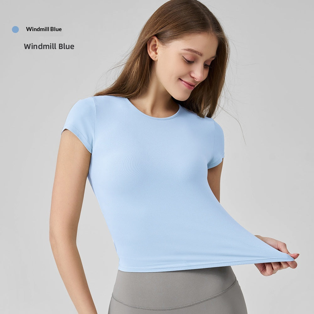 Snu Summer Naked-Feel Yoga Short-Sleeve Running Sports T-Shirt, Waist-Cinching, Slimming, Breathable, Quick-Dry, High-Elastic Fitness Top For Women