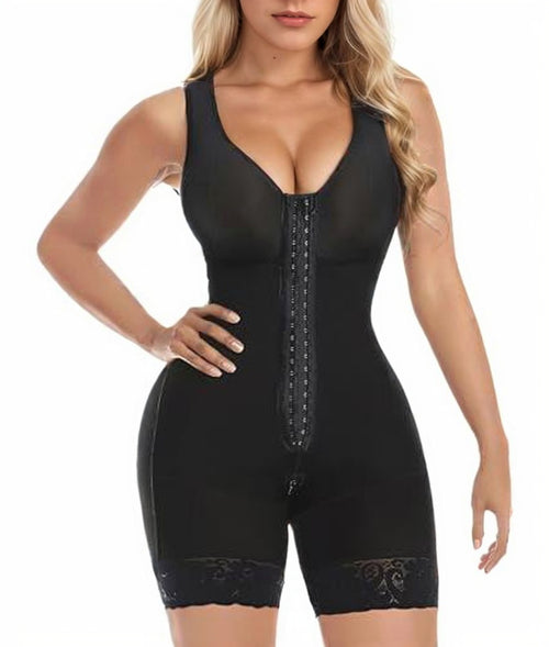 Black shapewear bodysuit worn by a model on a white background