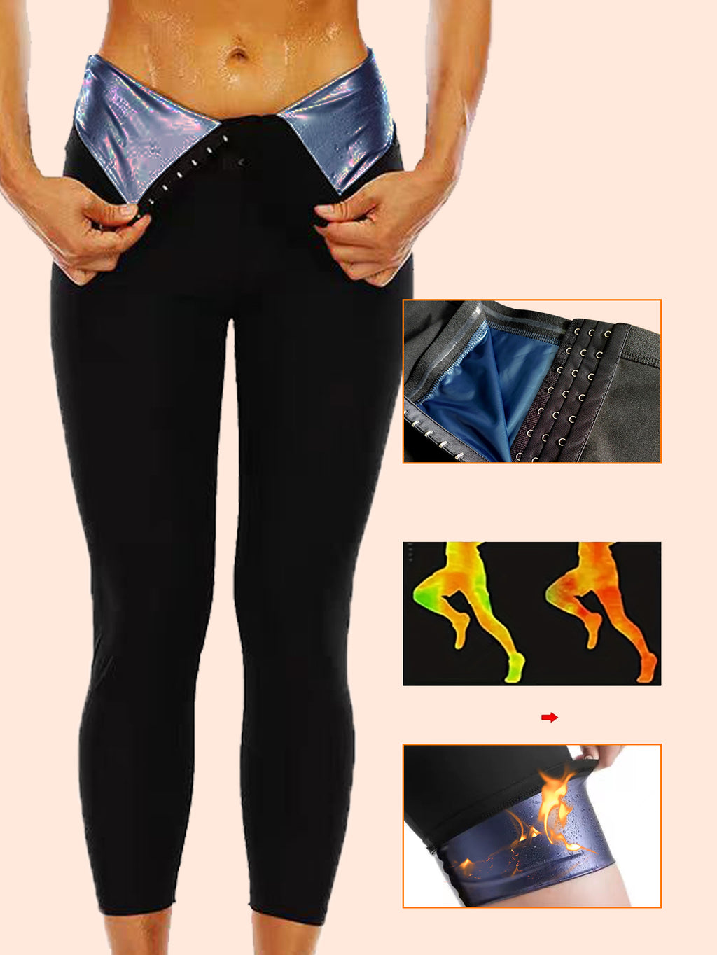 Plus Size Sauna Sweat Leggings For Women, High Waist Silver Coated Workout Pants With Hook & Eye Tummy Control Waist Trainer, Body Shaper Gym Compression Leggings
