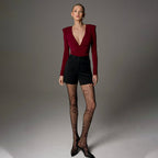Solid Color High-end Deep V Long-sleeve Padded Shoulder High-elastic Skin-tight Slimming Bodysuit
