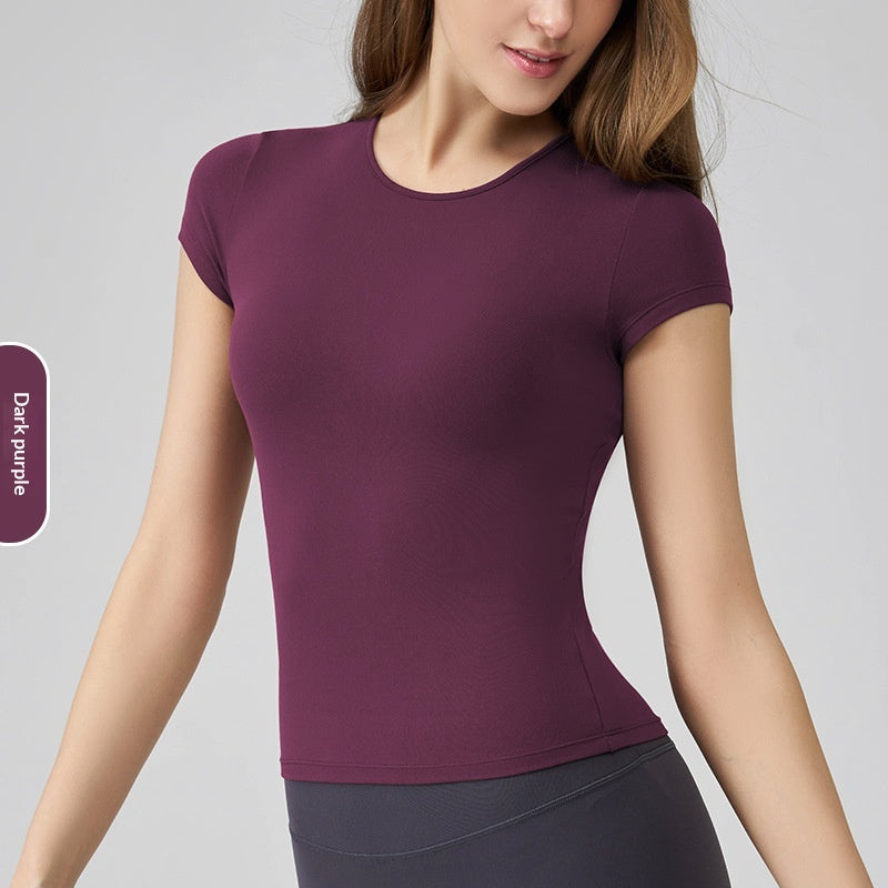 Snu Summer Naked-Feel Yoga Short-Sleeve Running Sports T-Shirt, Waist-Cinching, Slimming, Breathable, Quick-Dry, High-Elastic Fitness Top For Women
