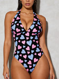 Women Halter Deep V One Piece Swimsuit, Black Base Blue Heart Print Tummy Control High Cut Monokini Beach Bathing Suit