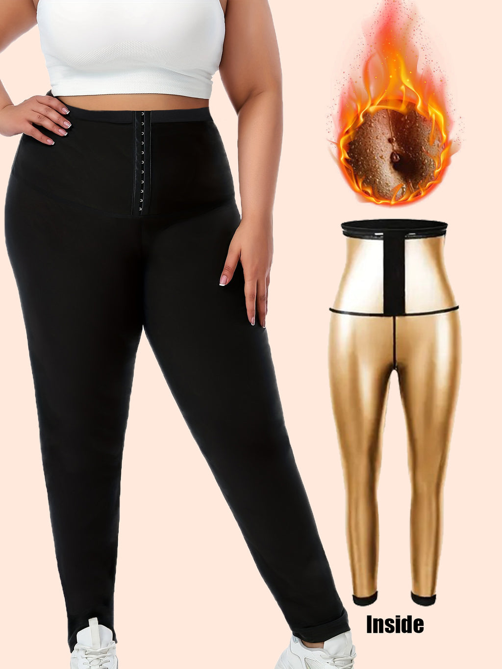 Plus Size Sauna Sweat Leggings For Women, High Waist Silver Coated Workout Pants With Hook & Eye Tummy Control Waist Trainer, Body Shaper Gym Compression Leggings