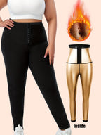 Plus Size Sauna Sweat Leggings For Women, High Waist Silver Coated Workout Pants With Hook & Eye Tummy Control Waist Trainer, Body Shaper Gym Compression Leggings